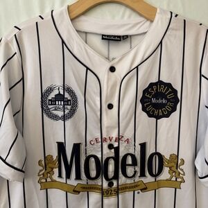 Modelo  XL Baseball Jersey Cerveza Beer Button Short Sleeve Pinstripe